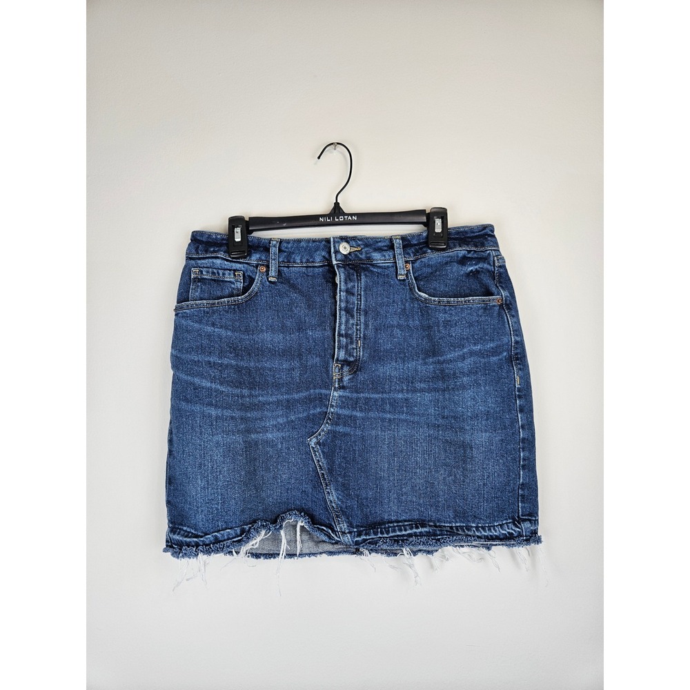Old Navy Womens High Rise Denim Mini Skirt Button Fly Raw Hem Blue Size 12